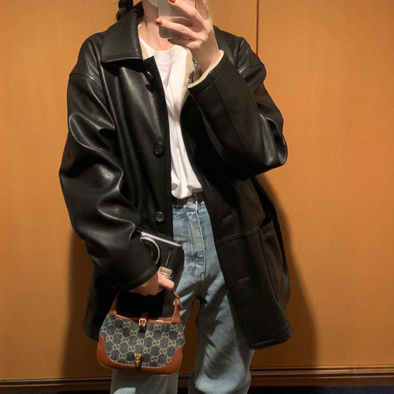 Spot Simple Korean High-End Black Lambskin Jacket 2025 New Ins Mid-Length Thickeneded Leather Jacket