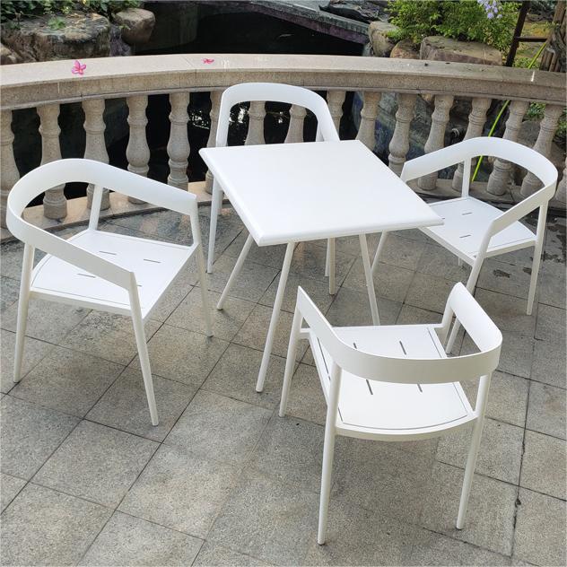 Simple and Stylish Outdoor White Metal Garden Table and Chairs with Comfortable Armrests, Aluminum Alloy Dining Chairs and Dining Table Set for Outdoor Use
