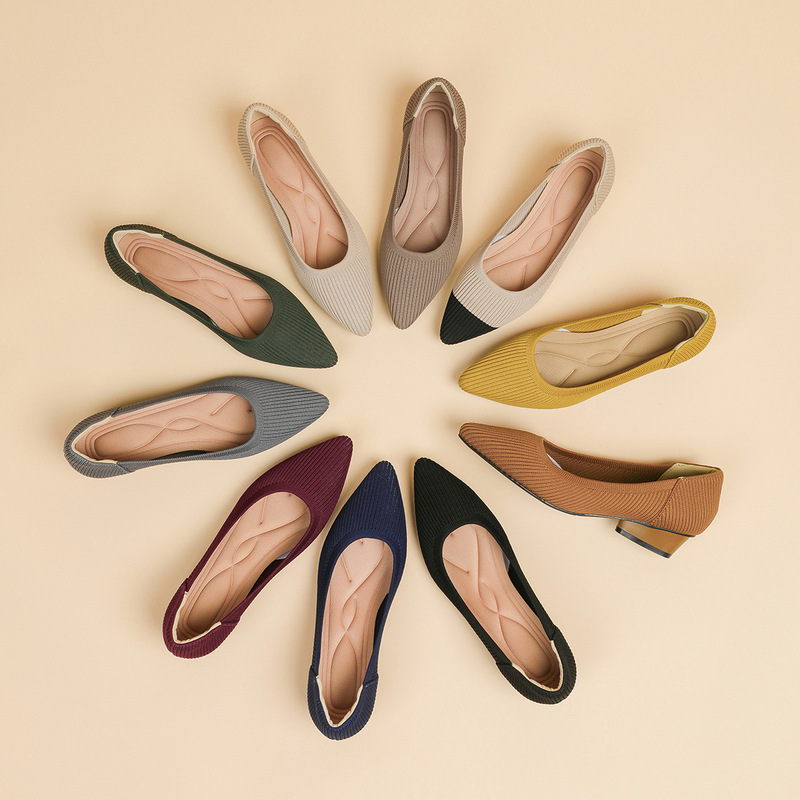 B35-3 pointed toe shallow mouth fabric love thick heel casual plus size striped solid color knitted breathable low heel mid heel shoes