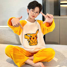 儿童皮卡丘睡衣法兰绒冬季女男珊瑚绒套头中大童男孩家居服套装