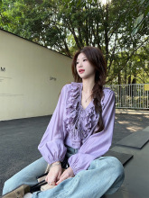 法式高级感荷叶边v领衬衫女春季紫色长袖衬衣慵懒风宽松休闲上衣