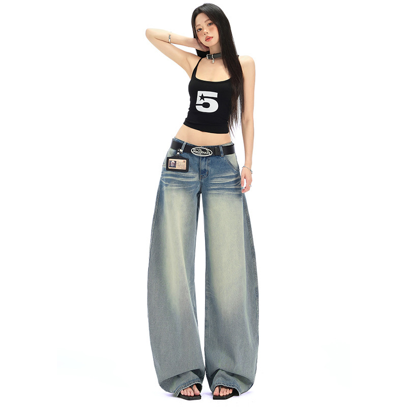 American Washed Whiskered Wide-Leg Jeans for Women 2025 Summer New Low-Waist Loose Slimming Look Draped Floor-Length Pants American Washed Whiskered Wide-Leg Jeans for Women 2025 Summer New Low-Waist Loose Slimming Look Draped Floor-Length Pants