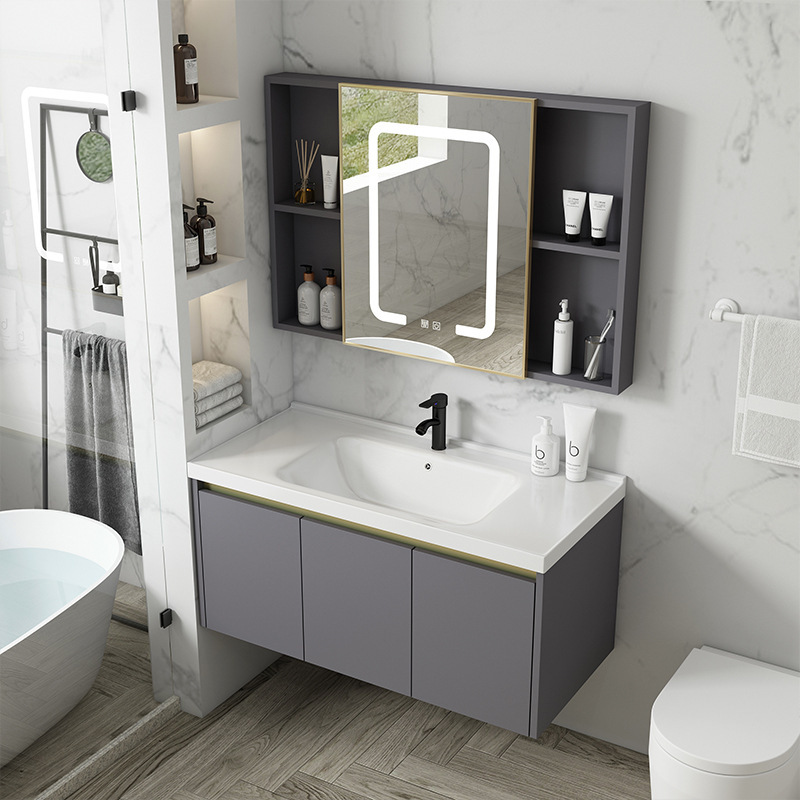 Luz de lujo espacio aluminio baño gabinete combinación integrada cuenca cerámica simple lavabo baño lavabo combinación