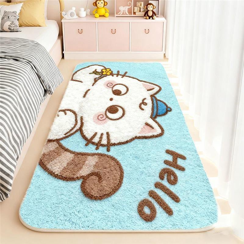 Cartoon Cute Little Animal Floor Mat for Bedroom and Living Room Imitation Cashmere Soft Skin-Friendly Cooling and Wear-Resistant Decorative Bedside Blanket