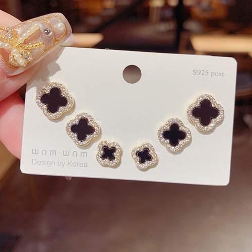 S925 silver needle micro-paved four-leaf flower three-piece set of earrings, one card, three pairs, micro-paved zircon black earrings for women