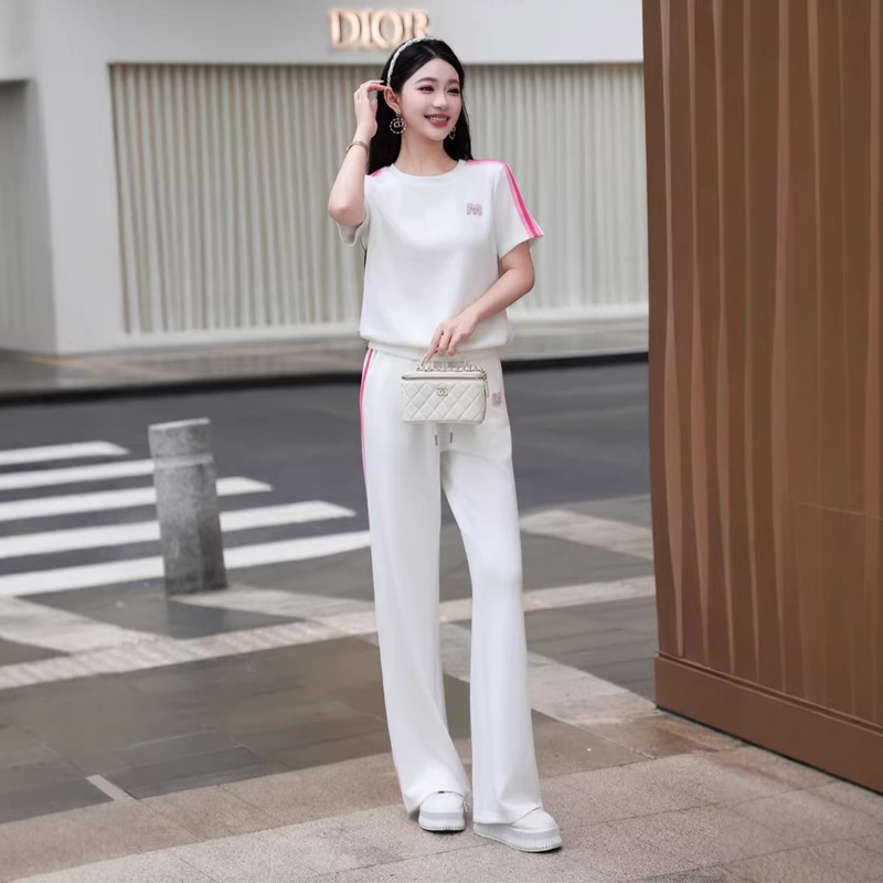 Fashionable Colorful Ribbon Short-Sleeve Beaded Top Set for Women, Summer Evening Casual Slim-Fit Straight-Leg Pants Two-Piece Set, Age-Reducing