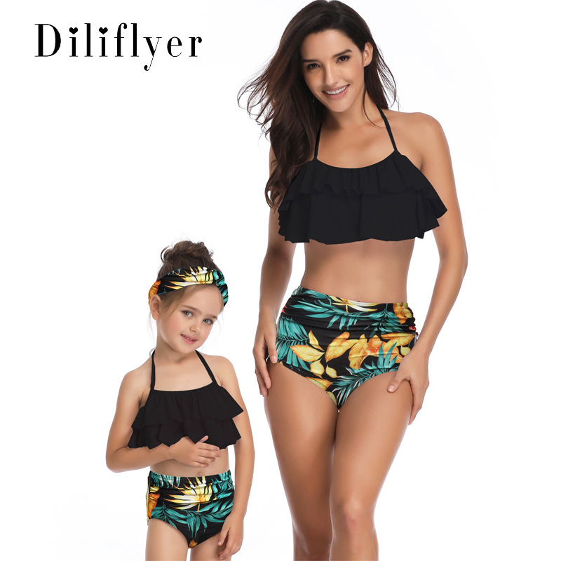 Parent-child Swimsuit High Waist Bikini Ruffled Mother-daughter Swimsuitкупальник