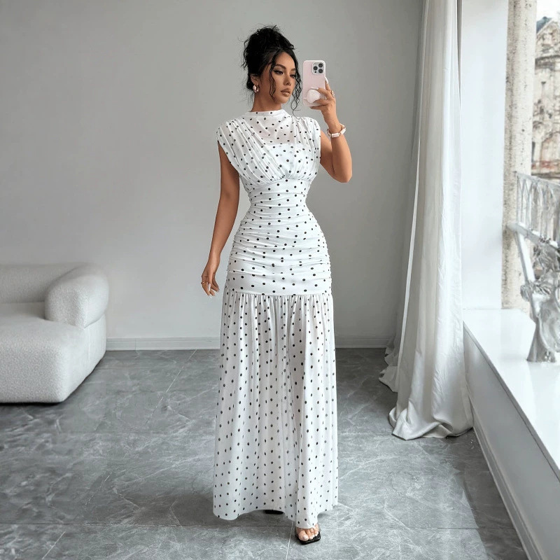 European and American Cross-Border Women's Summer Fashion Elegant Polka Dot Print Chest Ruched Waist-Cinching Sleeveless Long Dress for Women