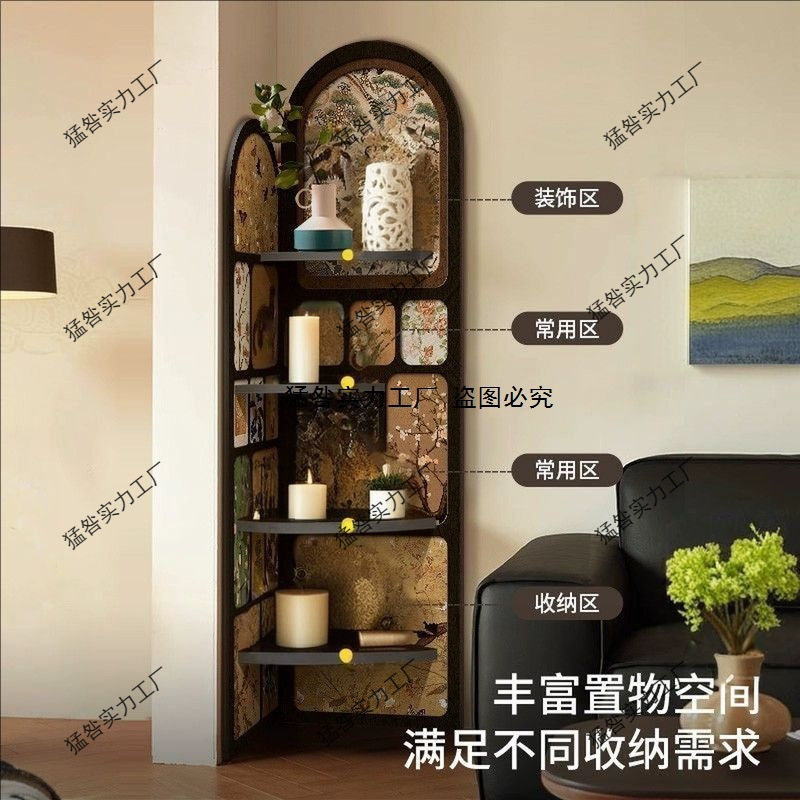 中古风转角置物架法式复古屏风书架一体靠墙三角收纳落地置物架|undefined