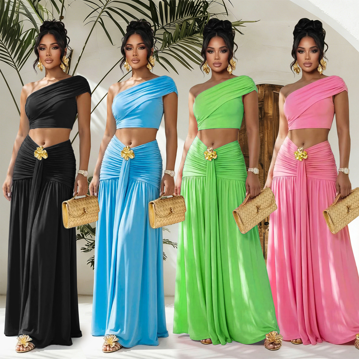 C7675 Aliexpress transfronterizo Amazon Europa y América moda de mujer sexy hombro inclinado blusa de ombligo vestido de traso conjunto
