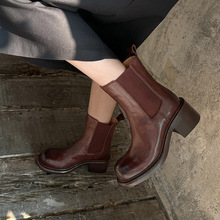 切尔西靴女靴~2025秋冬季圆头大粗跟烟筒靴文艺复古套筒短靴女