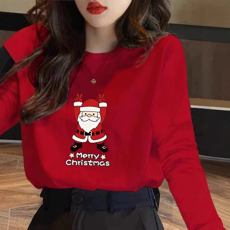 100% Cotton Christmas Long-Sleeved T-Shirt for Men and Women in Autumn and Winter Red Christmas Eve Inner Large Size Loose Bottoming Shirt Top