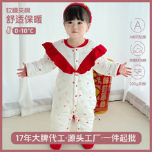 加厚200G婴儿夹棉连体衣A类纯棉宝宝新年衣服满月百天女童拜年服