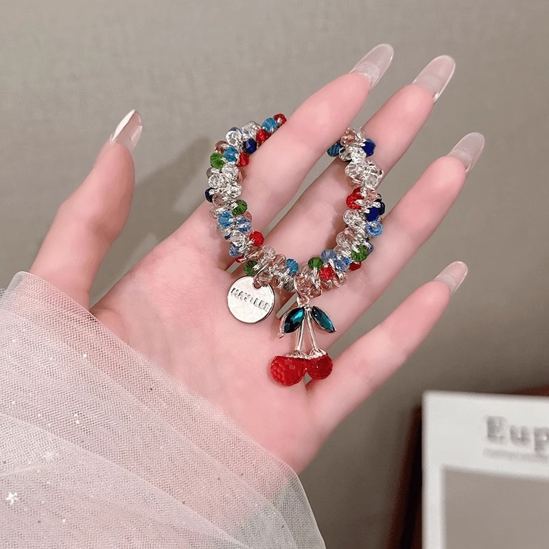 Se puede usar como lazo para el cabello de la pulsera. Cuerda para el cabello de cereza de diamantes de imitación de color de doble uso, cuerda para la cabeza de alta elasticidad y duradera, banda elástica de cola de caballo