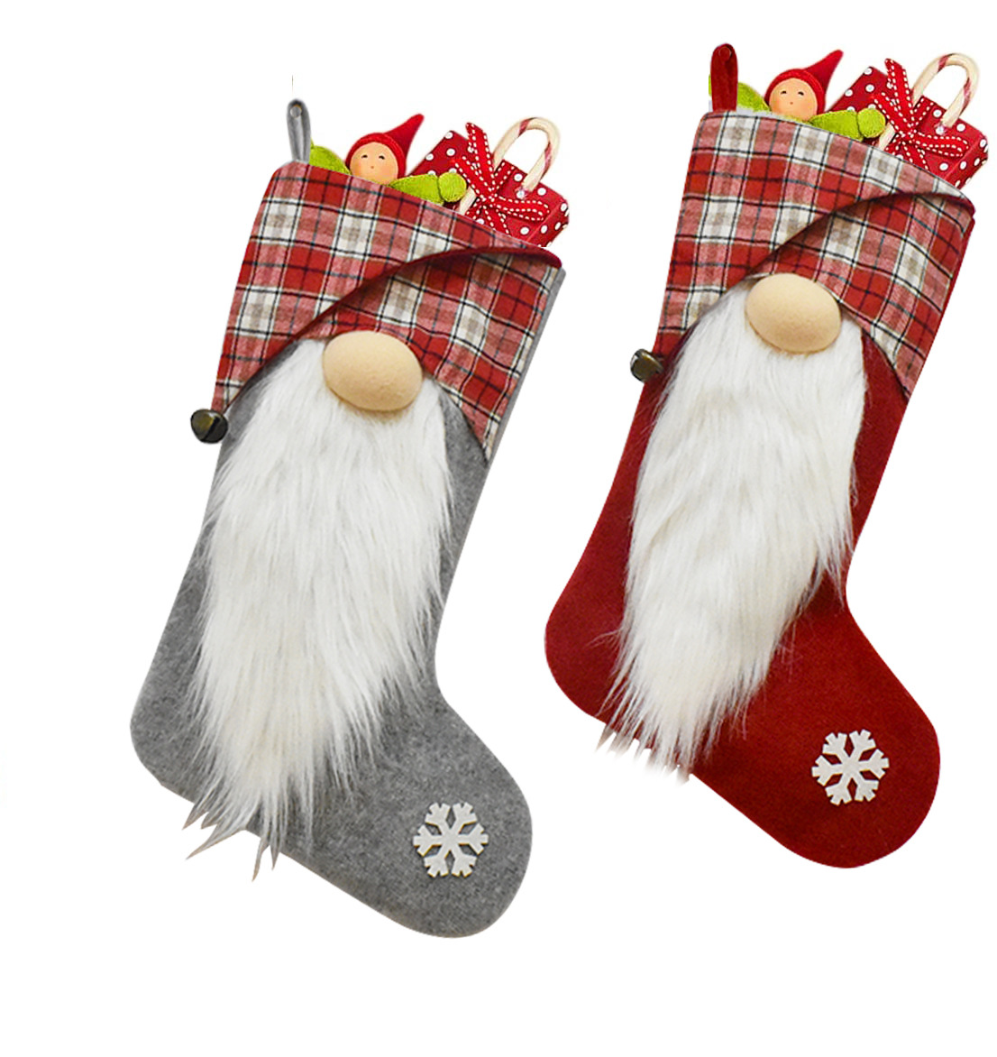 Christmas Stocking Plaid Red And Grey Christmas Decoration Gift_voghion.com