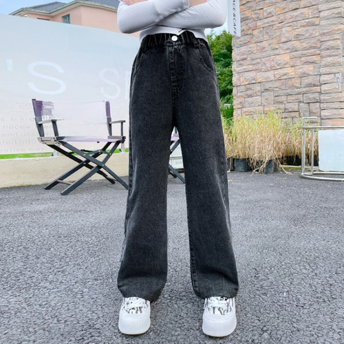 Girls' jeans spring and autumn fashion big children wide-legged pants thin straight-leg casual loose children's pants 