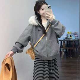 【纯棉复合银狐绒】韩系慵懒风毛领连帽刺绣卫衣外套套装女