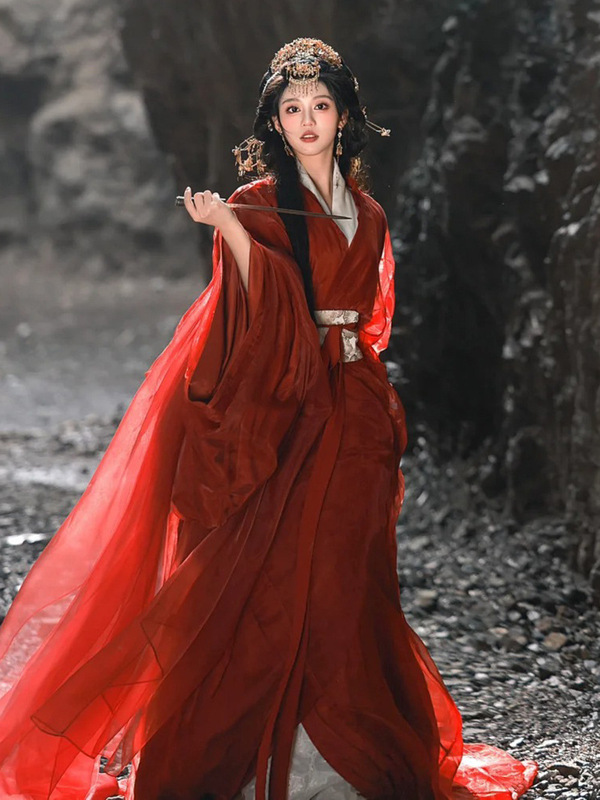 魏晋制南北朝汉服女红色古风婚服超仙气飘逸成人侠女风古装战国袍|undefined