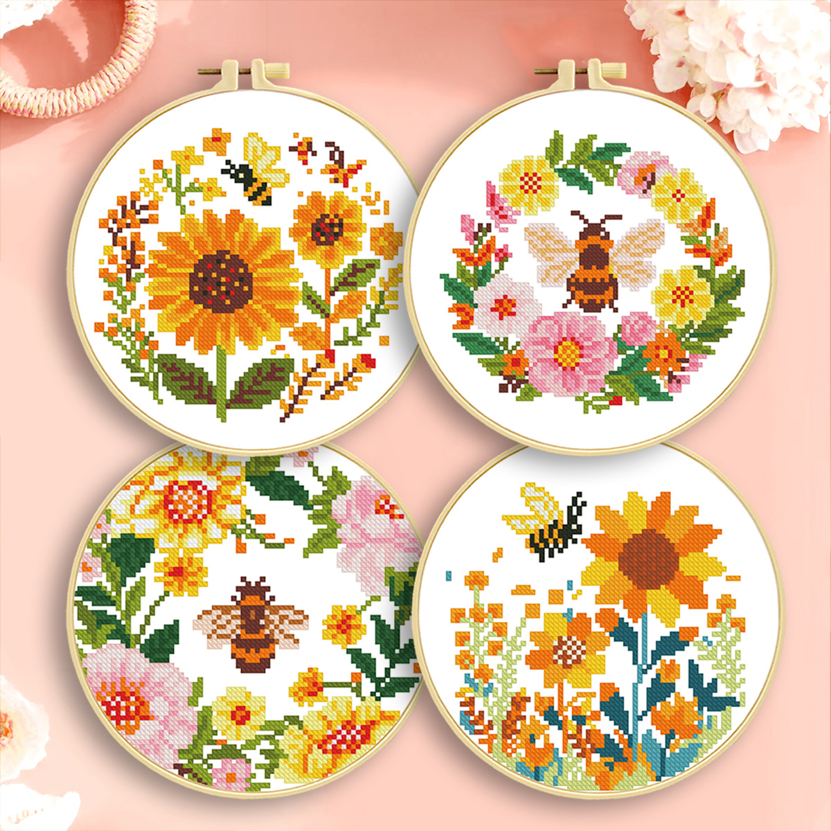 Mona Lisa - Bordado de Punto de Cruz Real con Diseño de Abeja y Flor, Decoración Hecha a Mano para Sala de Estar o Estudio