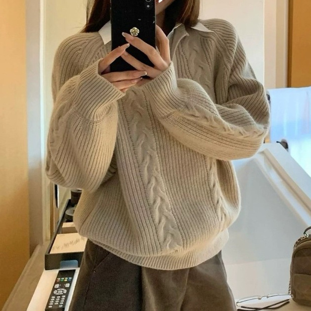 Cai Cai Buys Fake Two-Piece Ribbed Knit Sweater for Women with Long Sleeves and V-Neck Slimming Top