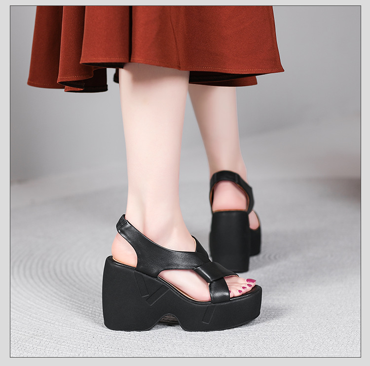 Sandal cao gót nữ hở mũi phong cách La Mã, đế xuồng, gót 9 cm, da cừu mềm — màu đen, màu trắng ngà chi tiết 7