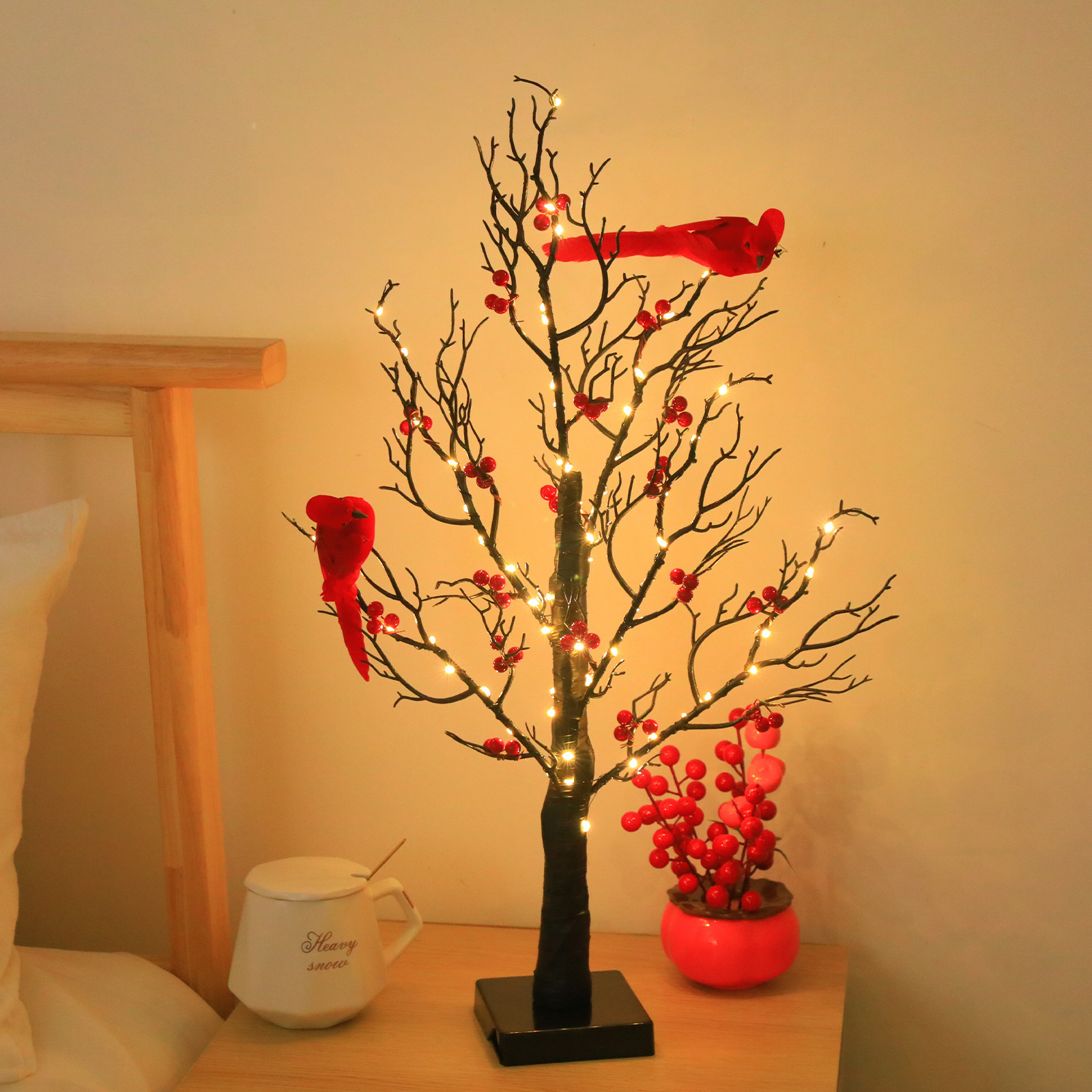 Glowing Red Bird Wrapped Tree Decoration For Living Room And Bedroom Atmosphere Arrangement Styling LED Color Light_voghion.com
