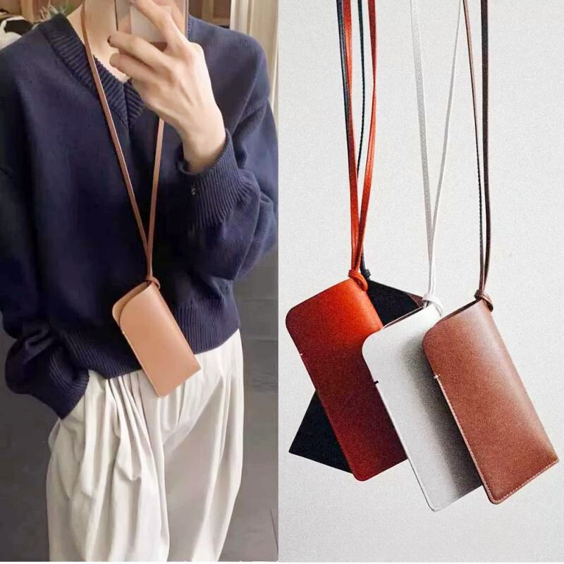 in stock pu leather concave shape hanging neck glasses bag fashion ins simple glasses storage bag with lanyard wholesale