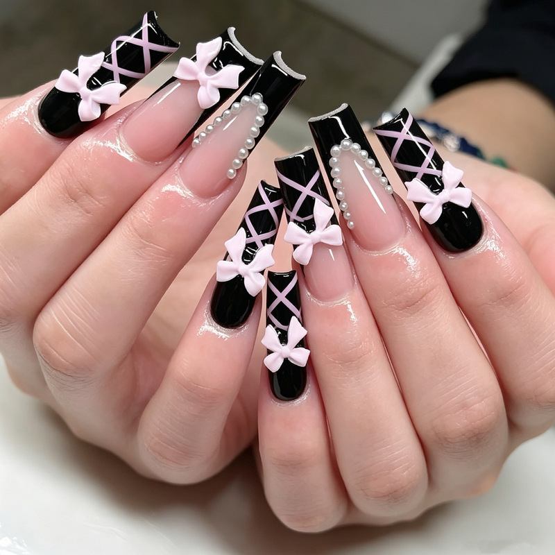 Cross-Border 24-Piece Popular Sweet and Cool Black Pink Wearable Nail Stickers with Ballet-Style Cross-Tie Bow Nail Art
