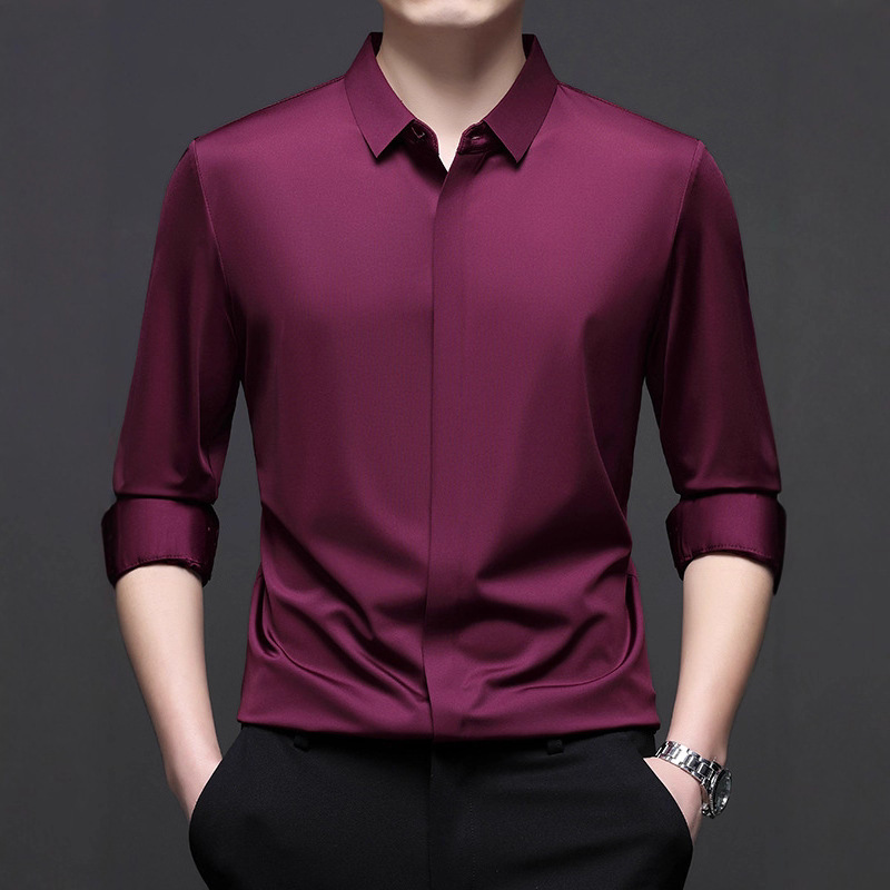 Men's Autumn Solid Color Casual Fashion Long-Sleeve Shirt with Hidden Placket and Seamless Design, Trendy Men's Clothing