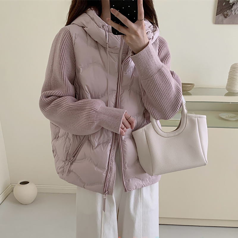 Knitted Sleeve Splicing down Jacket for Women 2025 Winter New Sweet and Warm Small Hooded Cross-Border Casual Top