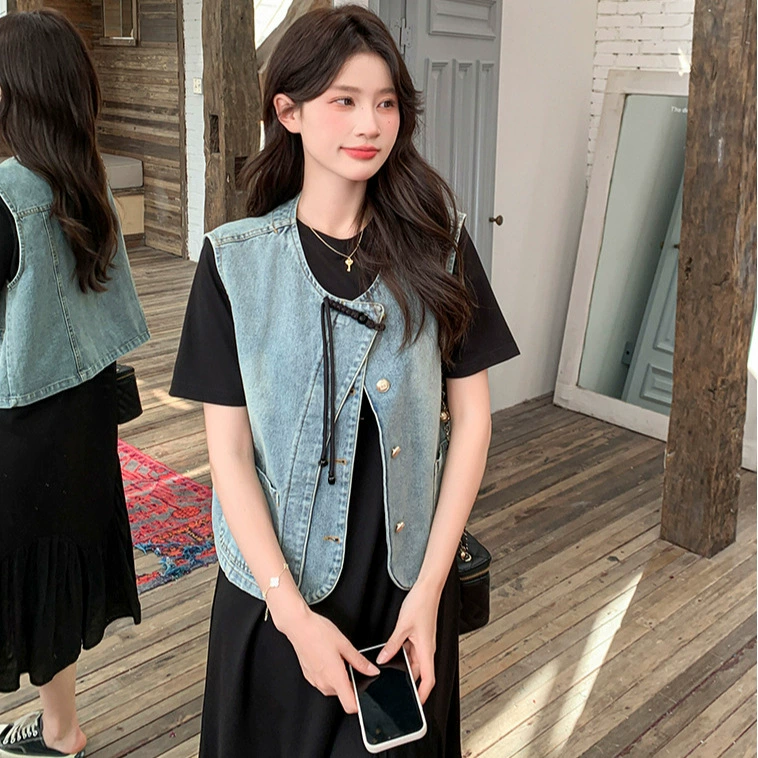 Гонконгский вкус ретро укладки на улице Тонкий джинсовый жилет женский весенний новый стиль премиум-класса модная куртка без рукавов