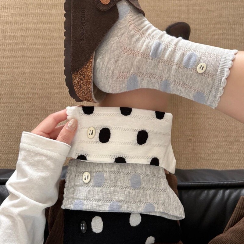 Slightly Sheer Mesh Breathable Women's Socks, Trendy Style for Spring and Summer, New Large Polka Dot Design with Letter Buttons, Mid-Calf Socks Slightly Sheer Mesh Breathable Women's Socks, Trendy Style for Spring and Summer, New Large Polka Dot Design with Letter Buttons, Mid-Calf Socks