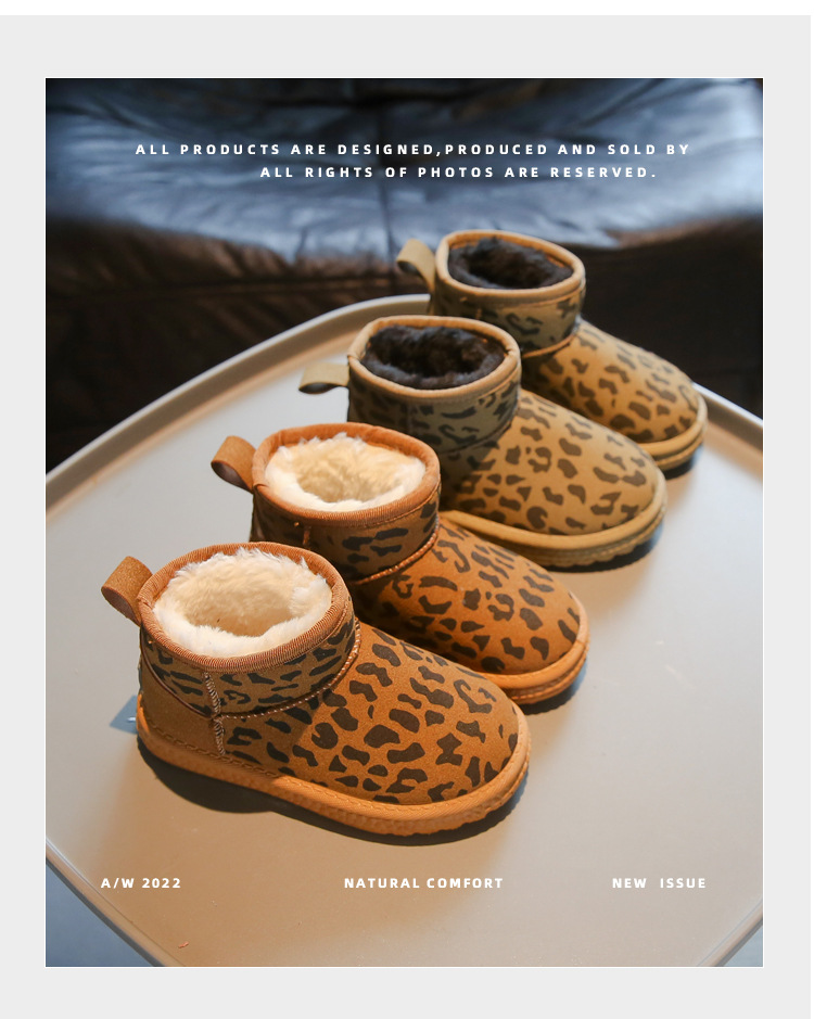 Children's leopard print snow with thick fleece and warm soft sole, medium to children's winter boys' large shoes,_voghion.com