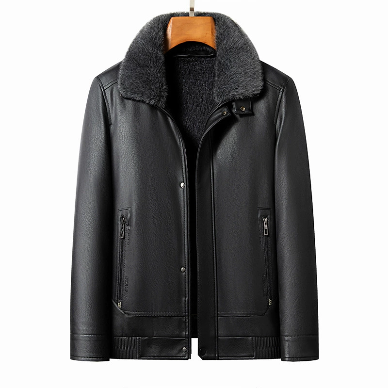 Зимой Haining среднего и пожилого возраста кожаная кожаная одежда мужской папа с коротким отворотом кожаная куртка толстая теплая шуба