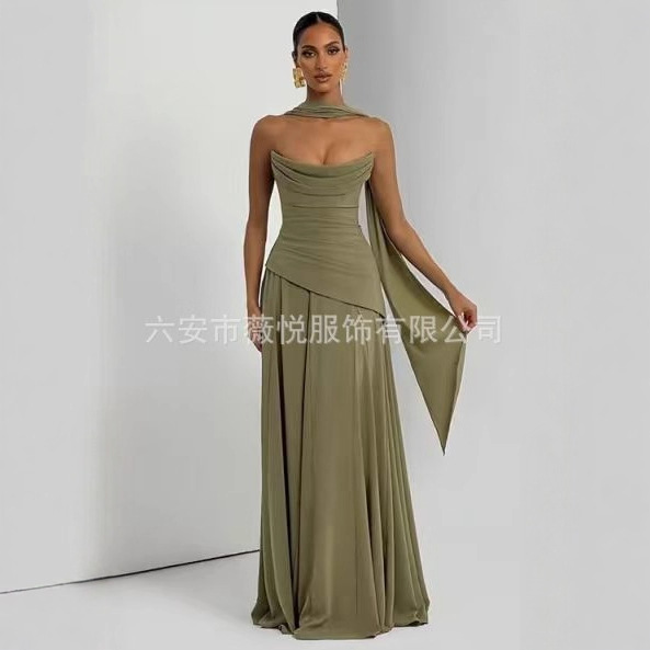 New Strapless Solid Color Evening Dress with European and American Design, Elegant Slim-Fit Gown with Backless Party Dress