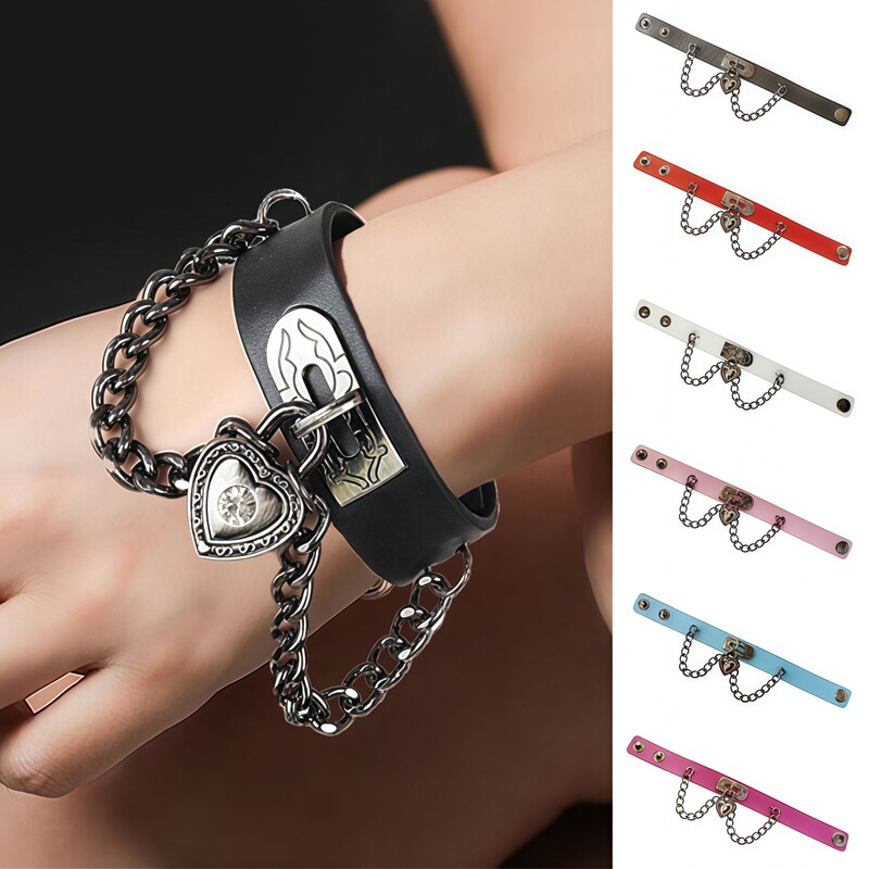 Eco-Friendly Pu Leather European and American Punk Style Heart-Shaped Lock Bracelet Pendant Chain Bracelet Adjustable Bracelet Wristband Eco-Friendly Pu Leather European and American Punk Style Heart-Shaped Lock Bracelet Pendant Chain Bracelet Adjustable Bracelet Wristband