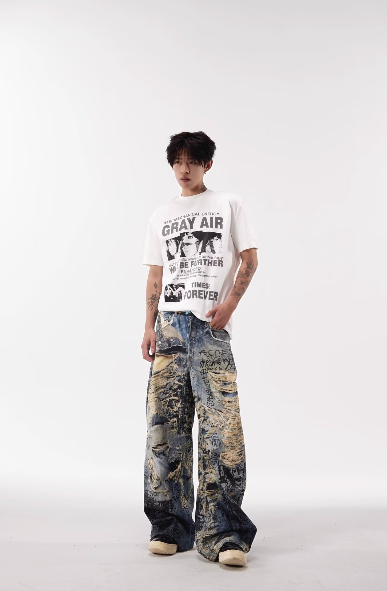 Herren Graffiti Destroyed Jeans Gerade Lockerer Streetstyle_voghion.com