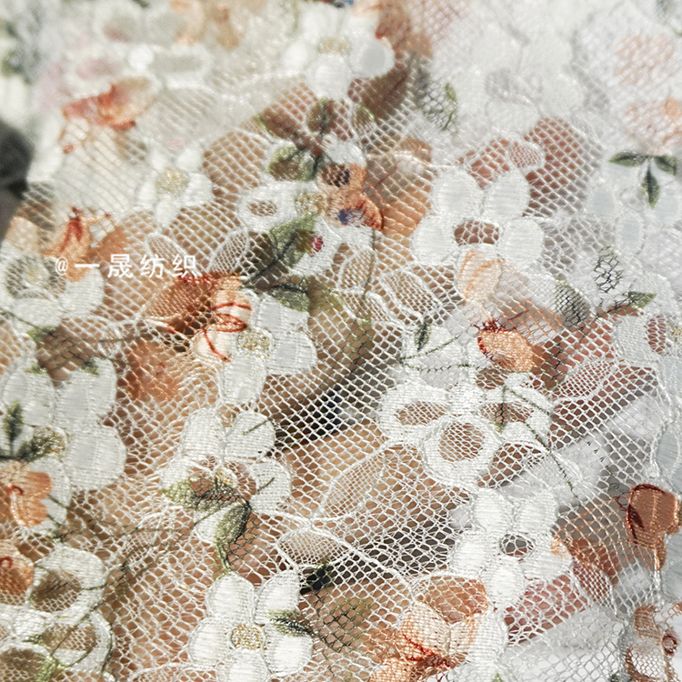 复古花朵镂空印花蕾丝布料涤纶女装旗袍裙童装汉服碎花面料批发