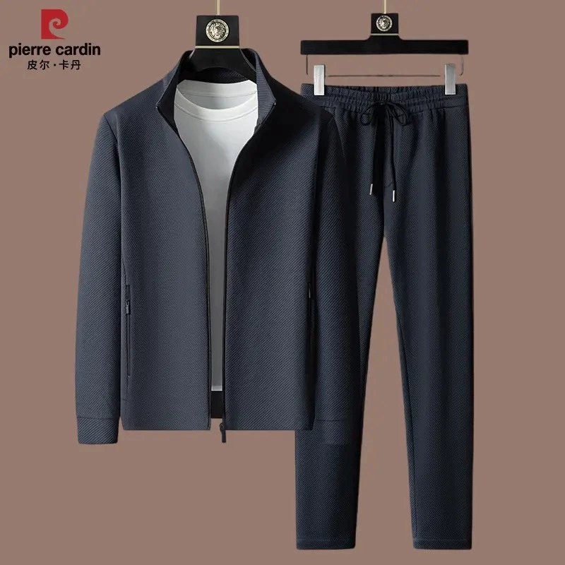 Pierre Cardin весенне-осенний костюм с длинными рукавами, мужской кардиган с воротником-стойкой, куртка, брюки, повседневный спортивный комплект из двух предметов