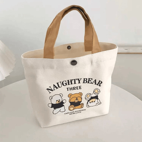 Cute Bear Canvas Bag for Women, Printable and Versatile Student Portable Office Hand Carry Lunch Bag Handbag Canvas Tote