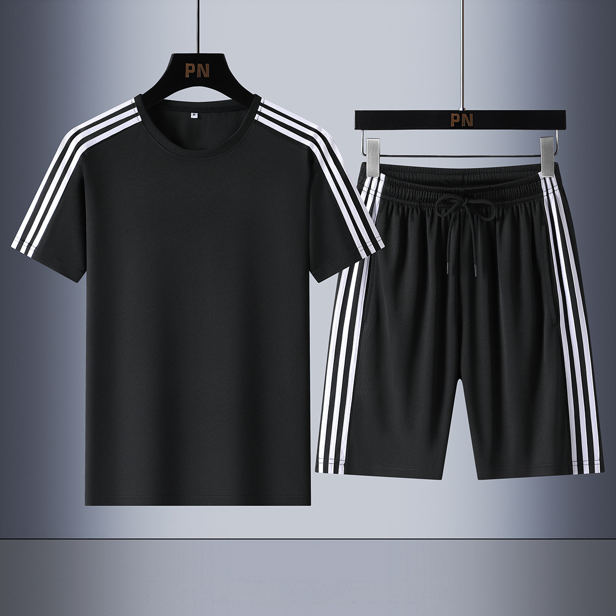 Traje deportivo de tres barras de verano transfronterizo para hombre suelto y versátil de manga corta para hombre estilo delgado clásico corriendo de dos piezas de gran tamaño