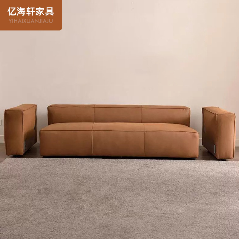 Retro primera capa de piel de vaca sofá de cuero genuino fila recta retro estilo industrial sofá de tres asientos moderno simple sala de estar esquina