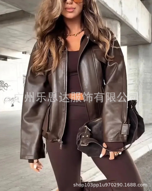 欧美跨境女装亚马逊独立站美式复古翻领气质休闲皮夹克皮衣外套女|undefined
