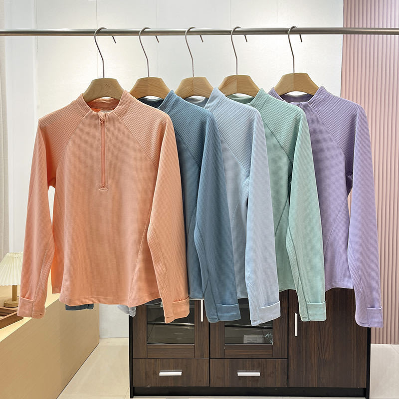 2025 New Autumn and Winter Women's Waffle Half-Open Collar Pullover Moisture-Absorbent Quick-Drying Sweat-Wicking Long-Sleeved T-Shirt Sweatshirt