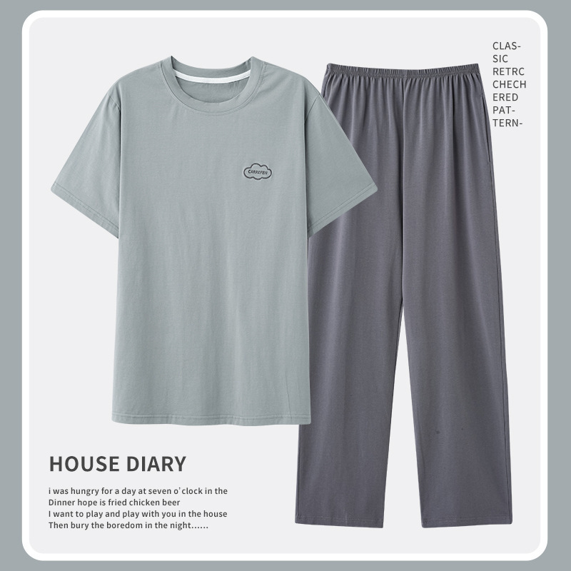 100% Cotton Pajamas Men's Summer Short Sleeve Trousers Set Can Be Worn Outside Youth Plus Size Thin Homewear Set