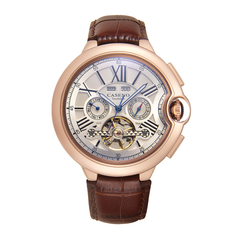 Caseno 2022 Best-Selling Fully Automatic Perpetual Calendar Roman Tourbillon Mechanical Wristwatch with Leather Strap, Light Luxury Style
