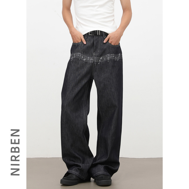 nirben denim | American retro musical note embroidered raw denim jeans for men, cleanfit loose straight A-line pants nirben denim | American retro musical note embroidered raw denim jeans for men, cleanfit loose straight A-line pants