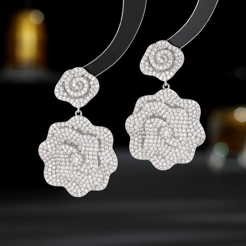 S925 Silver Needles Light Luxury High-End Earrings Wholesale Design Style Double Color Zirconia Embedded High-Grade Camellia Flower Earrings
