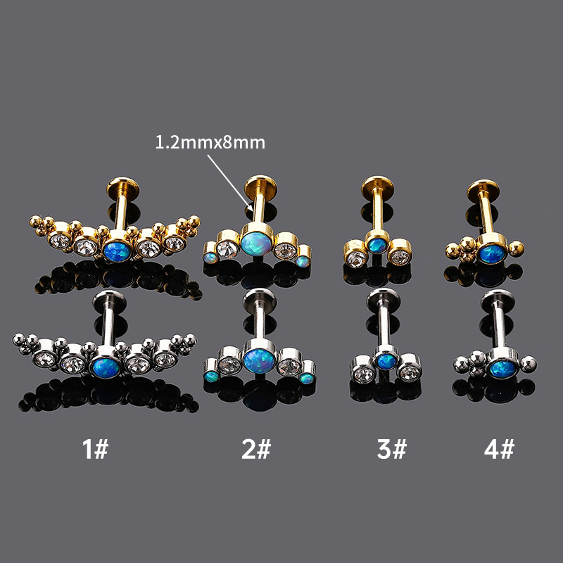 6g Weight 0.03µm-0.05µm Gold Plating Thickness PVD Coated Gold Plating Process 18K Real Gold Plated Plating Material Retro Round Stainless Steel Inlay Opal Zircon Lip Stud