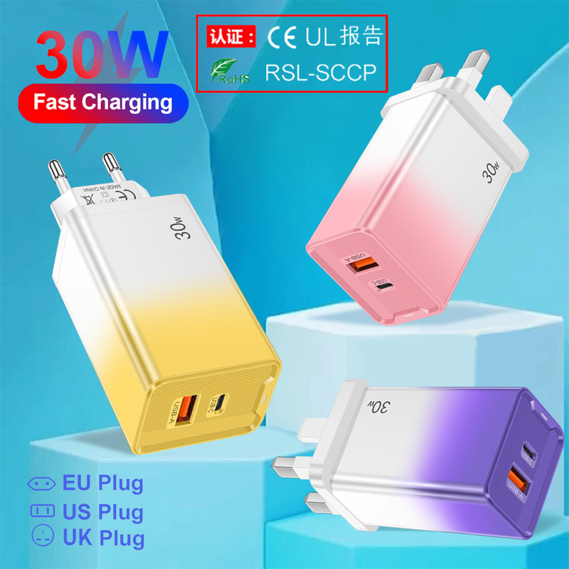 Usb+Pd Charger Dual Port Type C Charging Print 30W European, American and British Mobile Phone Wall Charger